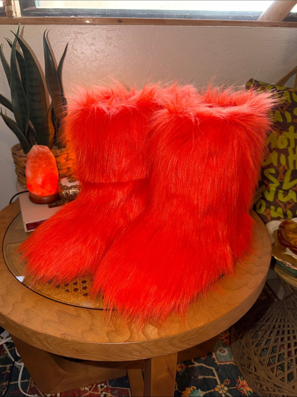 Vibrant Neon Orange Faux Fur Boots